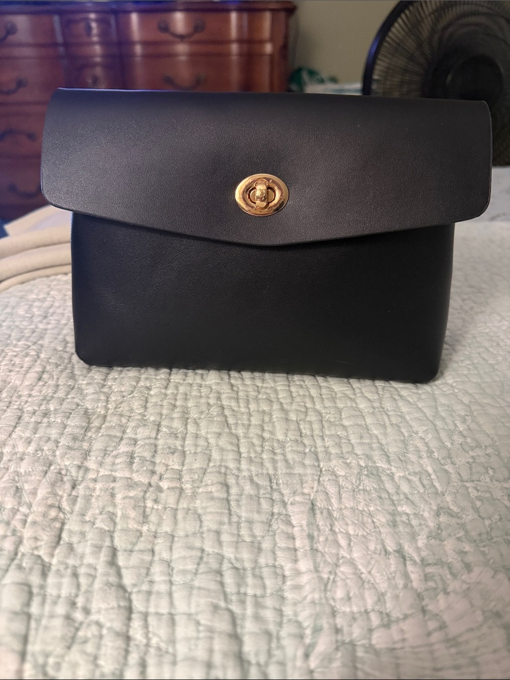 Classic Black Leather Cosmetic bag with Gold Turn-Lock